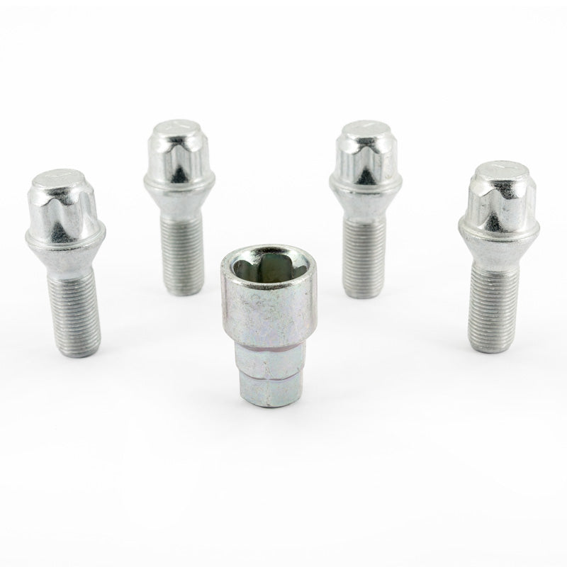 H&R, Felgenschloss-Set M14x1.25x28mm Kegelbund - 4 Felgenschloss-Schrauben inkl. Adapter, Stahl, Silber