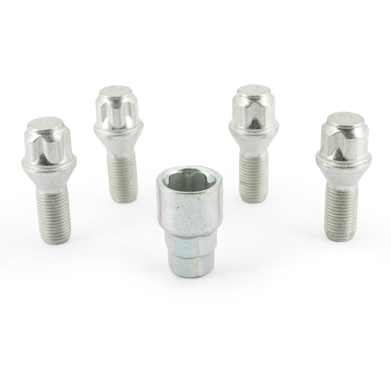 H&R, Felgenschloss-Set M14x1.50x26mm Kegelbund - 4 Felgenschloss-Schrauben inkl. Adapter, Stahl, Silber