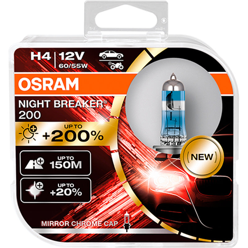 Osram, Night Breaker Laser 200 Halogen Birnen - H4 - 12V/60-55W - Satz à 2 Stück, Blau, Silber