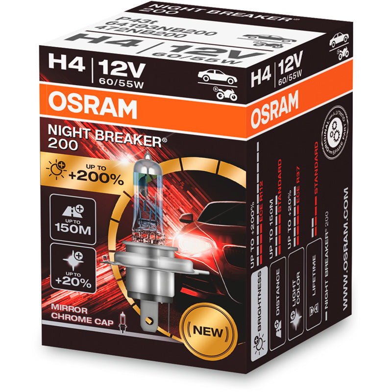 Osram, Night Breaker Laser 200 Halogen Birne - H4 - 12V/60-55W - pro Stück, Blau, Silber