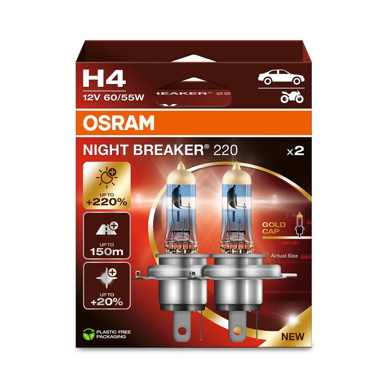 Osram, Night Breaker 220 Halogen Birnen - H4 - 12V/60-55W - Satz à 2 Stück, Blau, Gold