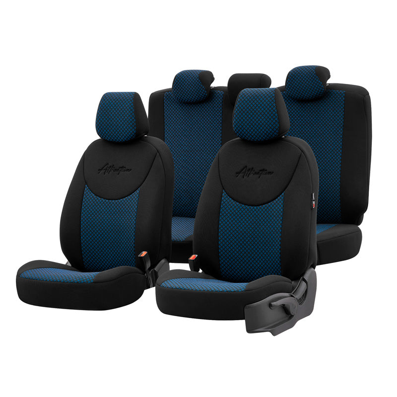 otoM, Universelle Stoff Sitzbezüge Attraction Schwarz/Blau - 11-Teilig- - passend für Side-Airbags, Schaumgummi, Textil, Blau, Schwarz