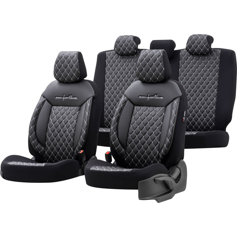 otoM, Universelle Leder/Stoff Sitzbezüge Comfortline VIP Schwarz/Grau - 11-Teilig- - passend für Side-Airbags, Leder, Schaumgummi, Textil, Grau, Schwarz