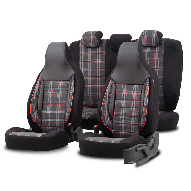 otoM, Universelle Stoff CityBug Sitzbezüge Sports Schwarz/Grau/Rot - 9-Teilig- - passend für Side-Airbags, Schaumgummi, Textil, Grau, Rot, Schwarz