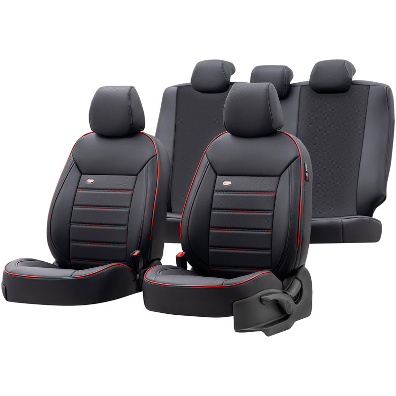 otoM, Universelle Voll-Leder Sitzbezüge Premium Schwarz + Rotes Rand - 11-Teilig- - passend für Side-Airbags, Leder, Schaumgummi, Rot, Schwarz