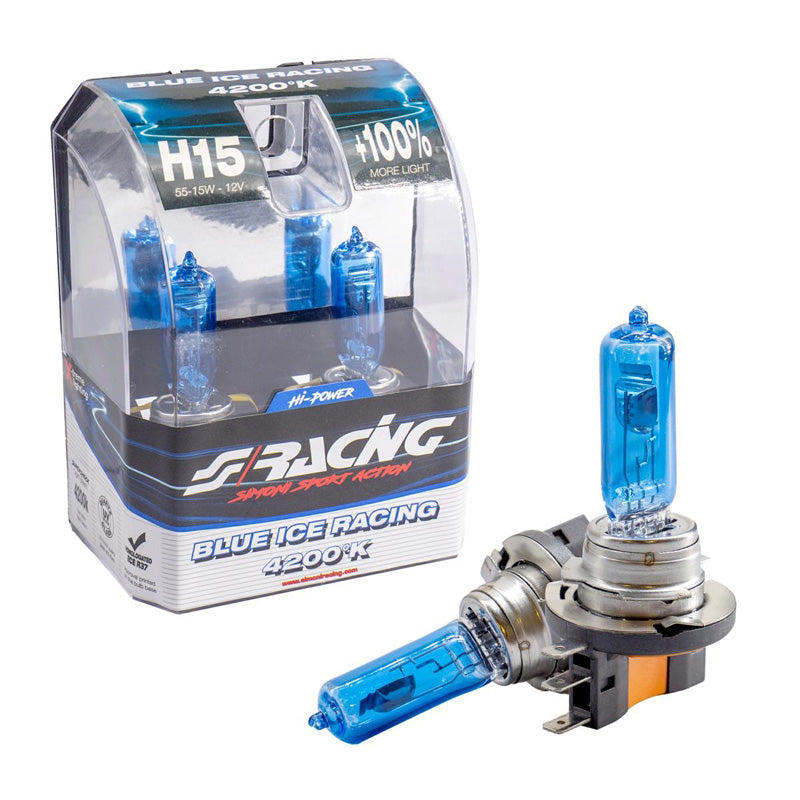 Simoni Racing, Halogen Birnen Blue Ice Racing H15 (4200K) 12V/55-15W, Satz à 2 Stück ECE-R37, Blau