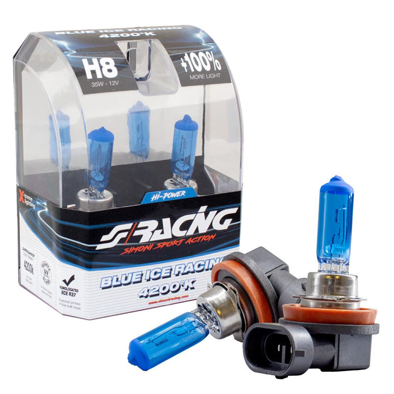 Simoni Racing, Halogen Birnen Blue Ice Racing H8 (4200K) 12V/35W, Satz à 2 Stück ECE-R37, Blau