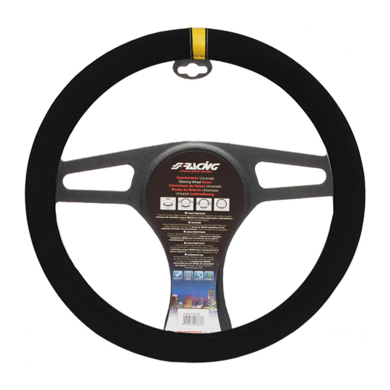 Simoni Racing, Lenkradbezug Carrera Look - Schwarz Mikrofaser + gelber Streifen - 37-39cm, Microfiber