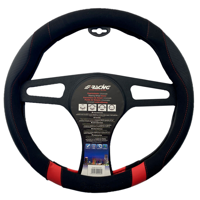 Simoni Racing, Lenkradbezug Good Vibe R - Schwarz Ökoleder/Mikrofaser/Karbonoptik + Rote Einsätze - 37-39cm, Kunstleder, Microfiber