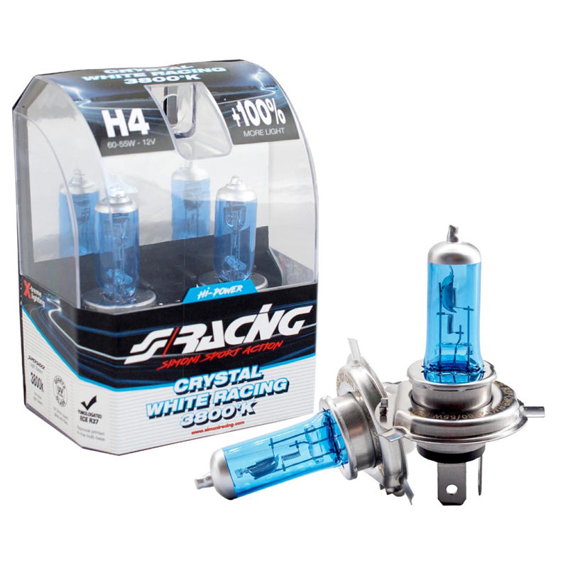 Simoni Racing, Halogen Birnen Crystal White Racing H4 (3800K) 12V/60-55W, Satz à 2 Stück ECE-R37, Blau