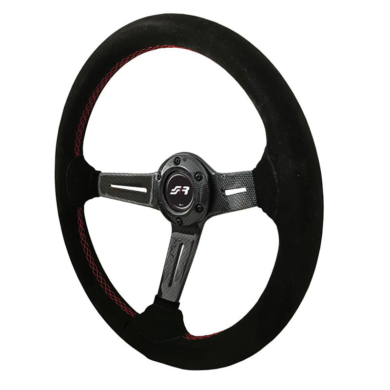 Simoni Racing, Universal Lenkrad Tommi - Karbon - Schwarz Suède + Rote Nähte - Durchmesser 350mm, Alcantara, Carbon, Carbon, Rot, Schwarz