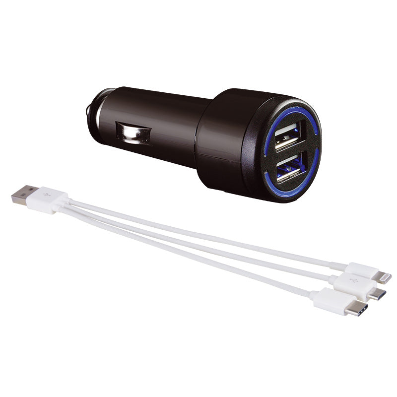 Hypersonic, Universelle 3-in-1 Ladegerät-kit mit Zigarettenanzünderstecker - 3A - USB - Type C, Kunststoff, Weiss, Schwarz