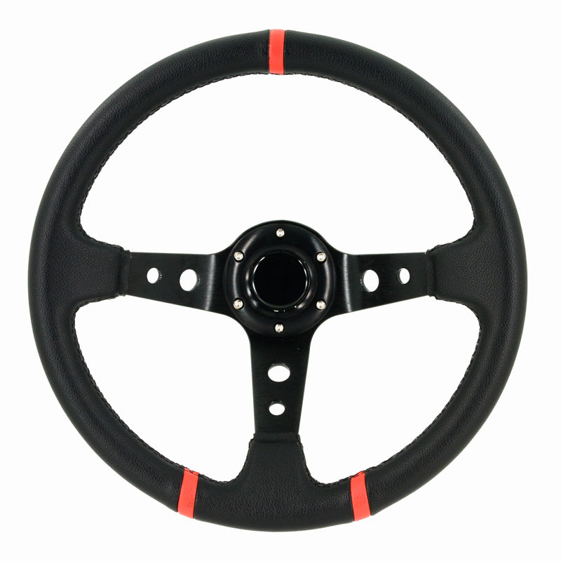 AutoStyle, Universal Sportlenkrad Deep-Dish - Ø350mm - Schwarz PVC-Leder + Schwarze Speichen + Rote Streifen, PU-Rim, Rot, Schwarz